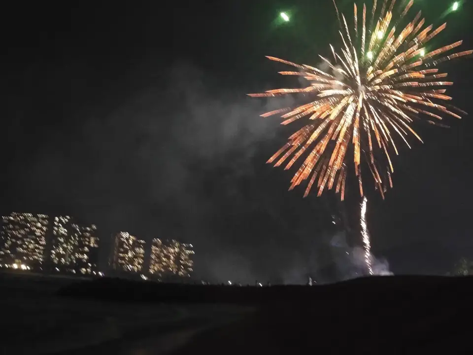 沙滩夜色与烟花